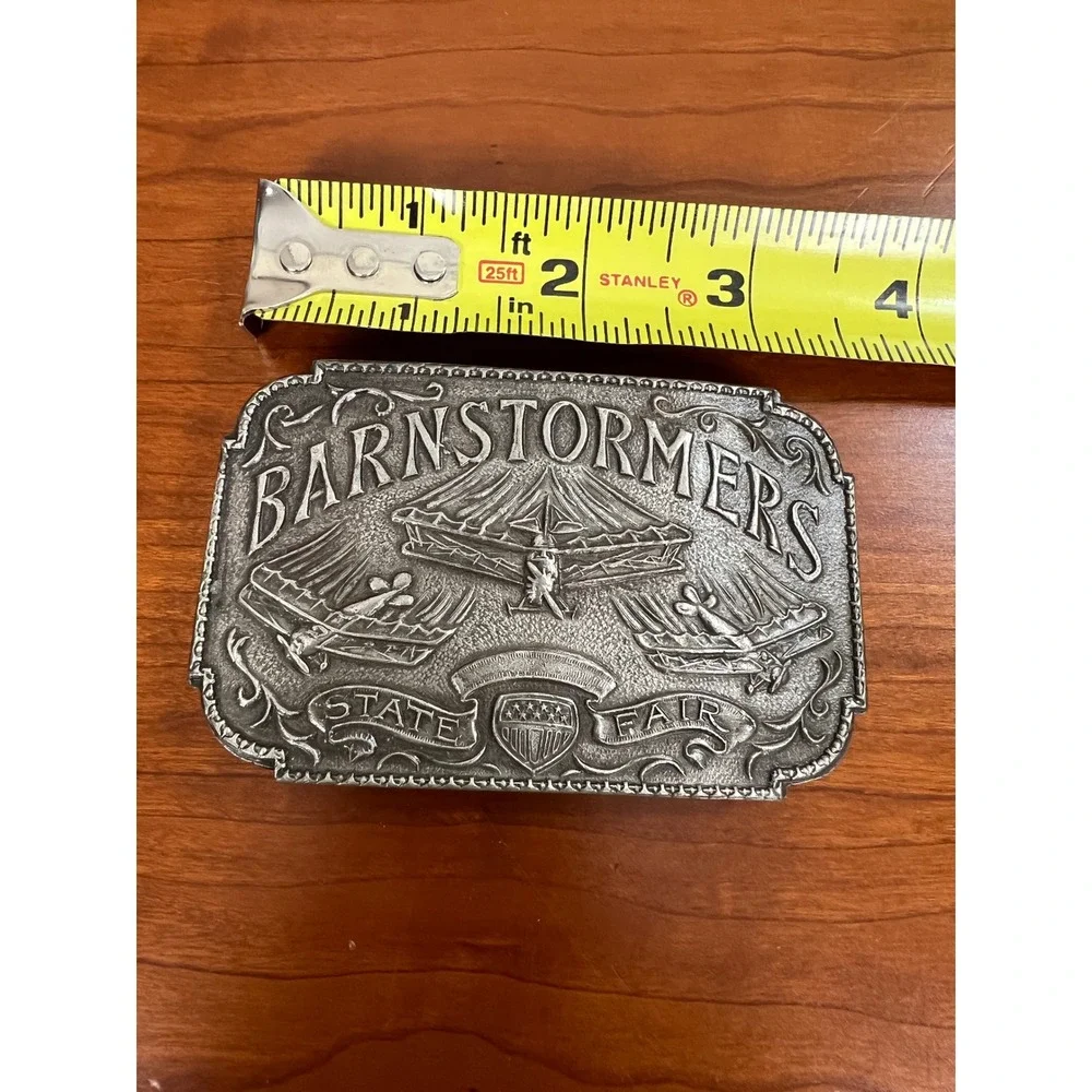 Vintage Barnstormers State Fair Belt Buckle Aviation Biplane Pewter Tone S-39